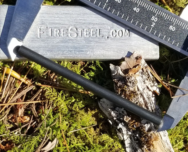 Our FireSteel Pup rods are 3/16" diameter and either 2", 2.5" and 3" long.  (Calipers, Magnesium bar, moss and bits of bark not included.)