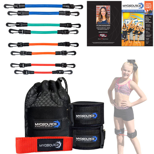 This Dance Combo Includes a set of Kinetic Bands® (2 levels available) for strengthening legs, hips, hip flexors and core muscles plus a Flexibility Stunt Strap, a great stretching and warm up tool for dancers (choose from 7 colors)