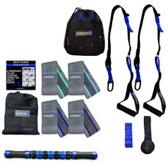 Fall Into Fitness Kit includes: Hip Resistance Bands, Body Weight Suspension Straps, and Muscle Roller Stick