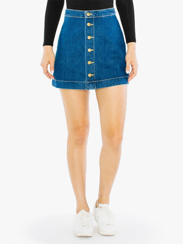 Denim Button Front A-Line Mini Skirt 