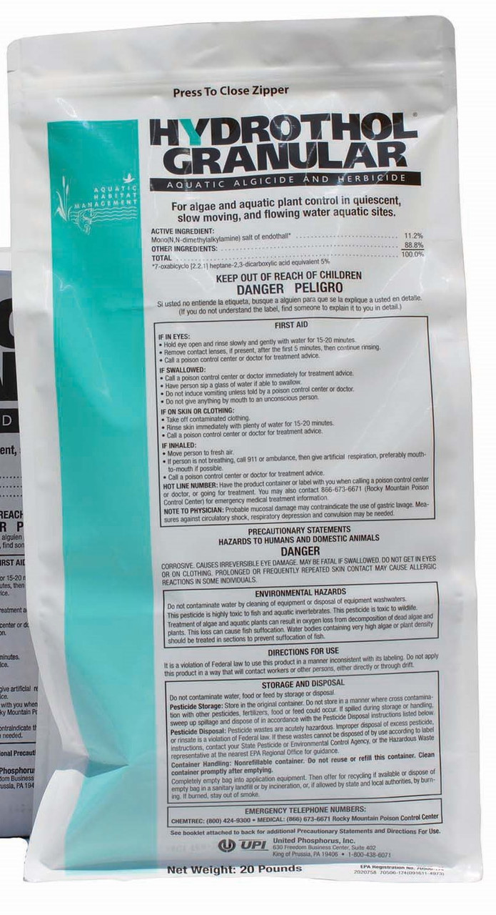 Hydrothol granular is a fast acting, contact herbicide effective on a variety of aquatic weeds including milfoil, coontail, hydrilla, sago pondweed, leafy pondweed, curly leaf pondweed and others.