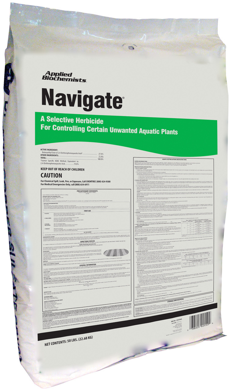 Navigate is a 2, 4-D based herbicide for control of water lilies, coontail, water milfoil, parrot feather, water shield and bladderwort. Its granular form makes it ideal for spot treating.