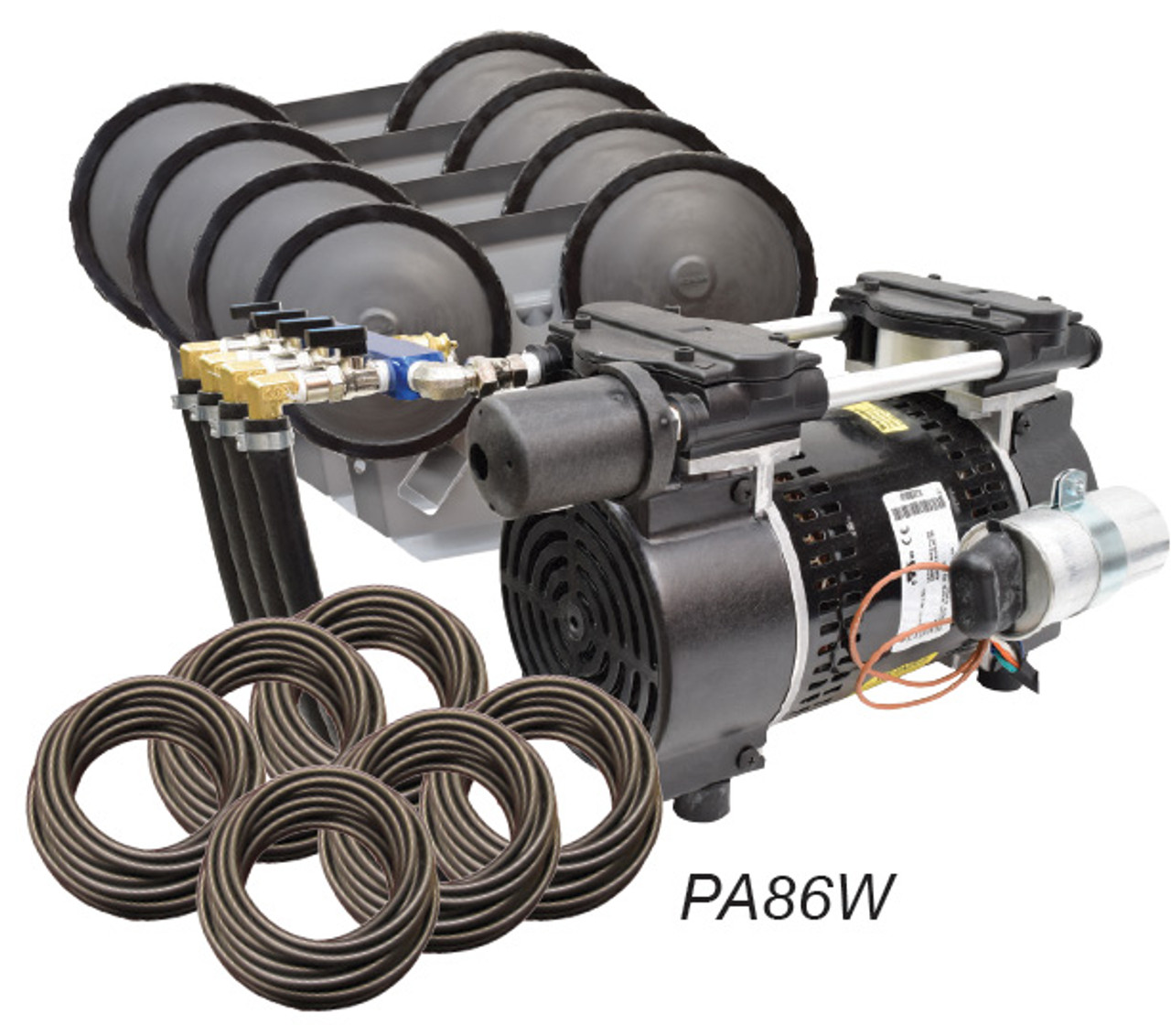 3/4 HP Stratus Gen 2 Rocking Piston Aeration System includes Four valve manifold with pressure relief valve.