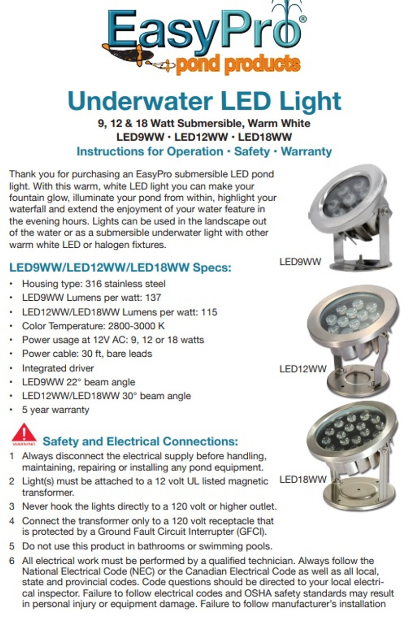 EasyPro LED Submersible Stainless Steel fixture - Warm White - 9 Watt (FREE SHIPPING)