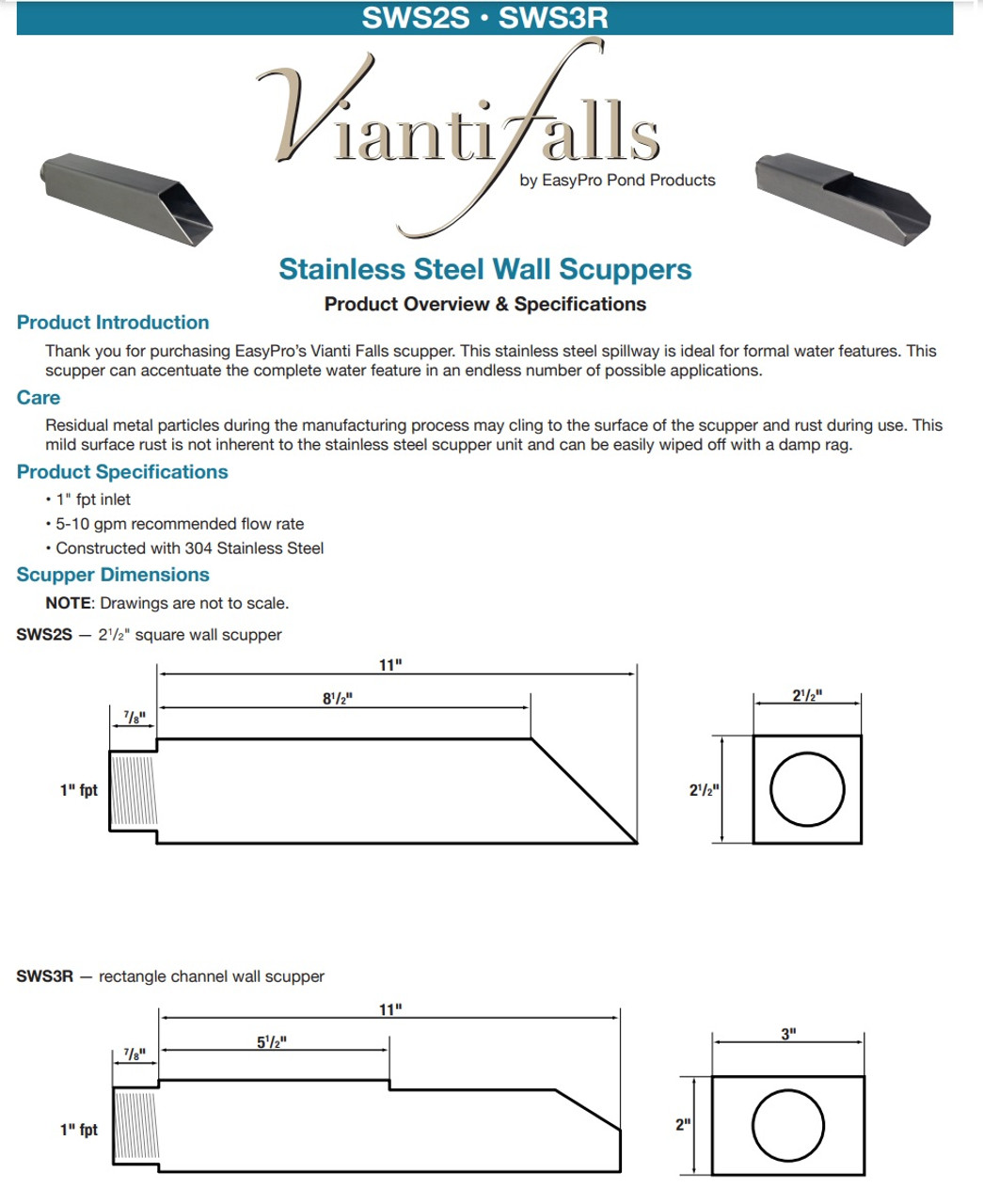 3" Vianti Falls Stainless Channel Scupper (FREE SHIPPING)