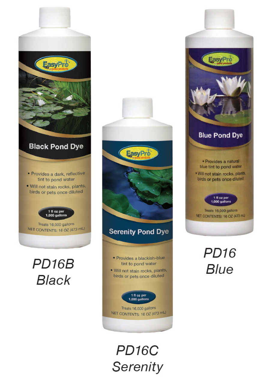 Blue dye gives water a “Caribbean Blue” look
Black dye gives a more “reflective” look
Serenity dye is a blackish-blue combination pond dye