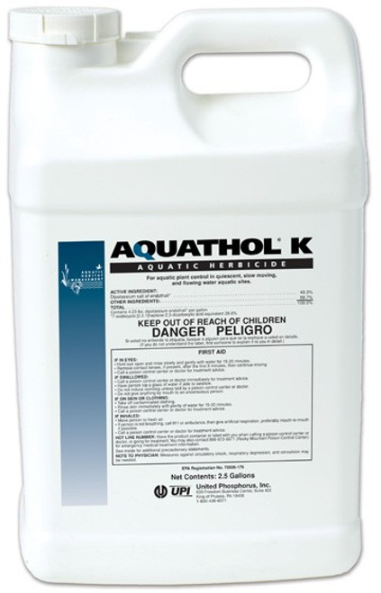 Aquathol K is one of the most versatile and effective aquatic herbicides ever developed. It’s an excellent Aquatic Habitat Management tool that can provide season long control of a broad spectrum of submerged weeds often found in small lakes and ponds. Aquathol K is not toxic to fish or other aquatic organisms and has a relatively short half-life in the water. Aquathol K provides control of aquatic weeds in a relatively short time, generally 3-4 weeks, and can provide long-term control depending on the application timing and the target species.