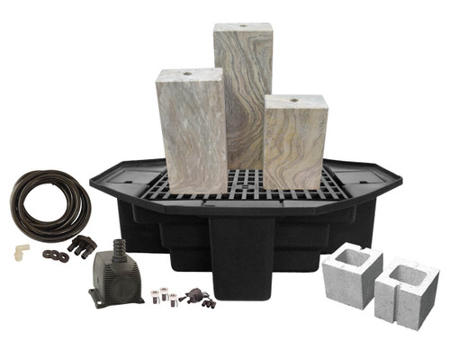 The “Designer Series” of real stone fountains presents vibrant options in the Tranquil Décor line. The variety of color and patterns give landscape designers a fresh selection of elegance and style for their next project. Complete kits come with fountain columns, basin, pump, plumbing and LED lights.