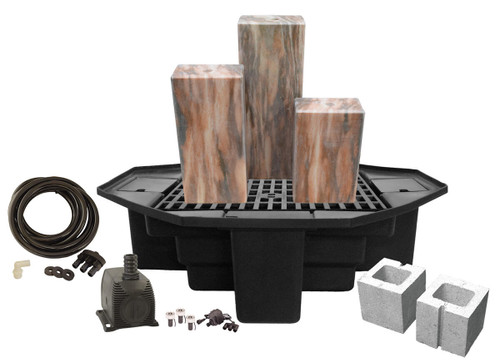 The “Designer Series” of real stone fountains presents vibrant options in the Tranquil Décor line. The variety of color and patterns give landscape designers a fresh selection of elegance and style for their next project. Complete kits come with fountain columns, basin, pump, plumbing and LED lights.