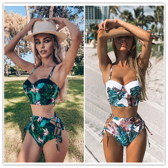High Waist Lace Floral Halter Bikini Set