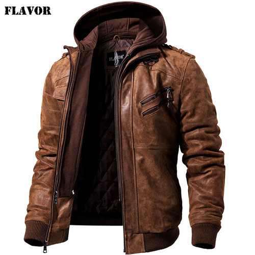FLAVOR Men's Real Leather Jacket Men Motorcycle Removable Hood Winter Coat Men Warm Genuine Leather Jackets