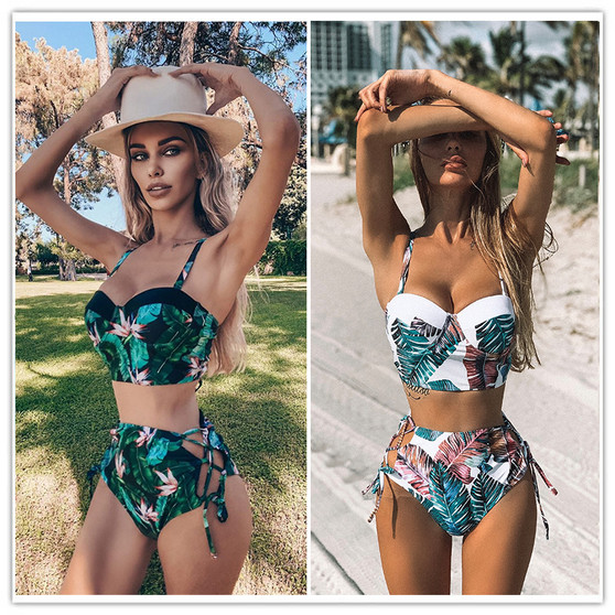 High Waist Lace Floral Halter Bikini Set