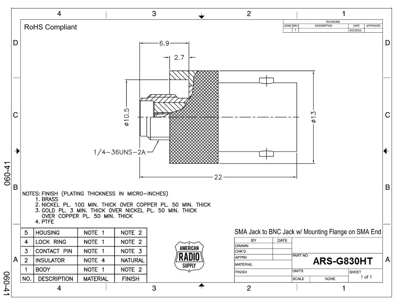 ARS-G830HT | SMA BNC Female Coaxial Adapter for Handheld Radios