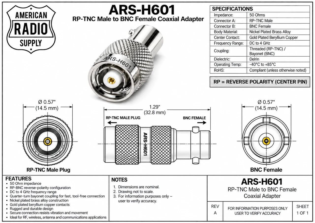 RP-TNC-Male to BNC-Female Coaxial Adapter Connector - ARS-H601