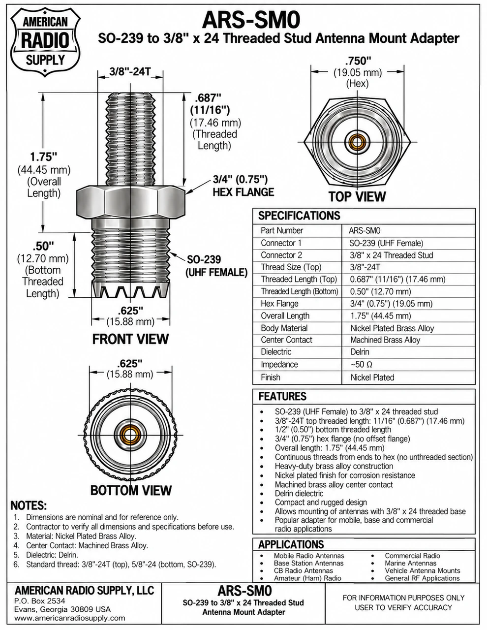 SO-239 to 3/8" x 24 Thread Stud Antenna Mount Adapter - ARS-SM0
