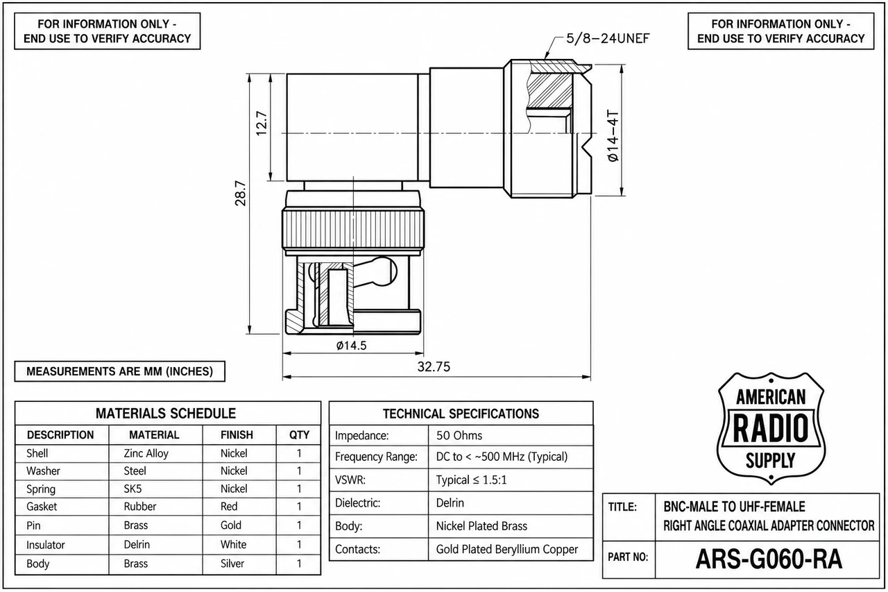 BNC Male to UHF Female SO-239 Right Angle Coaxial Adapter - ARS-G060-RA