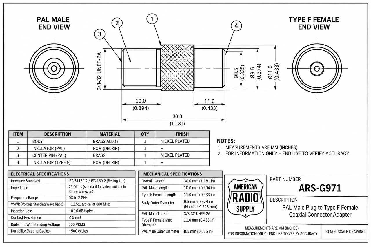 PAL Male Plug to Type F Female Coaxial Connector Adapter - ARS-G971