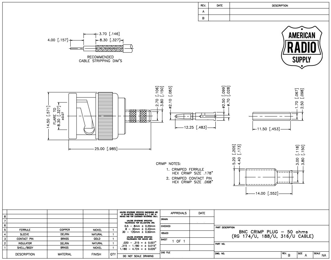 RG-174 & RG-316 - BNC Male Plug Coaxial Cable Crimp Connector - G005-174