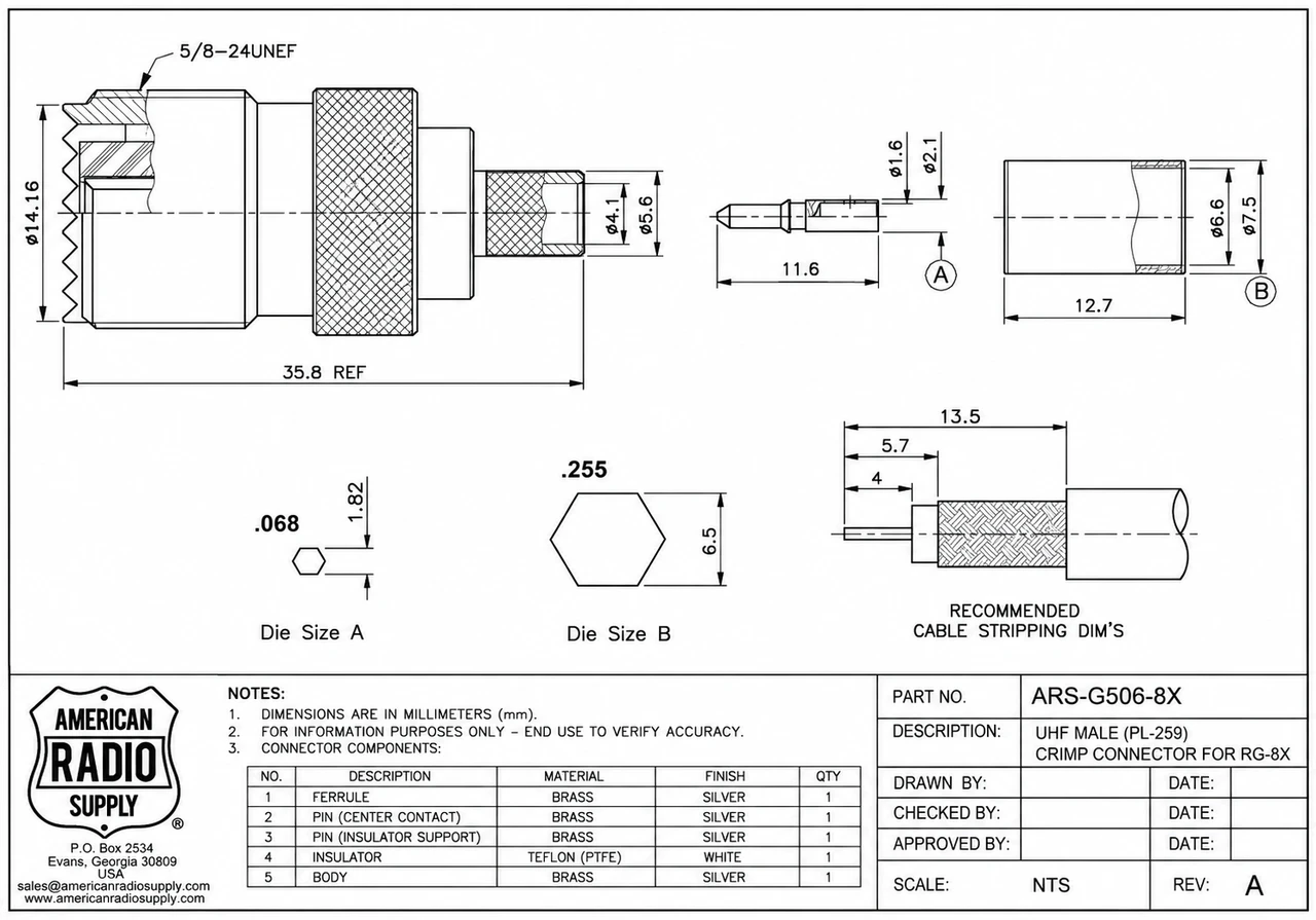UHF-Female SO239 Cable End Crimp Connector RG-8X Coaxial Cable - G506-8X