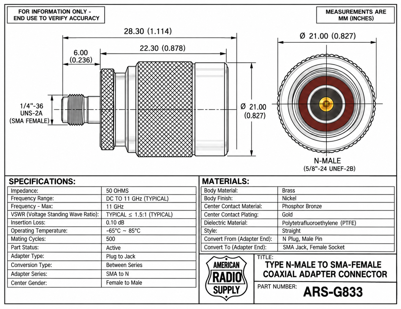 Type N-Male Plug to SMA-Female Jack Coaxial Adapter Connector - ARS-G833