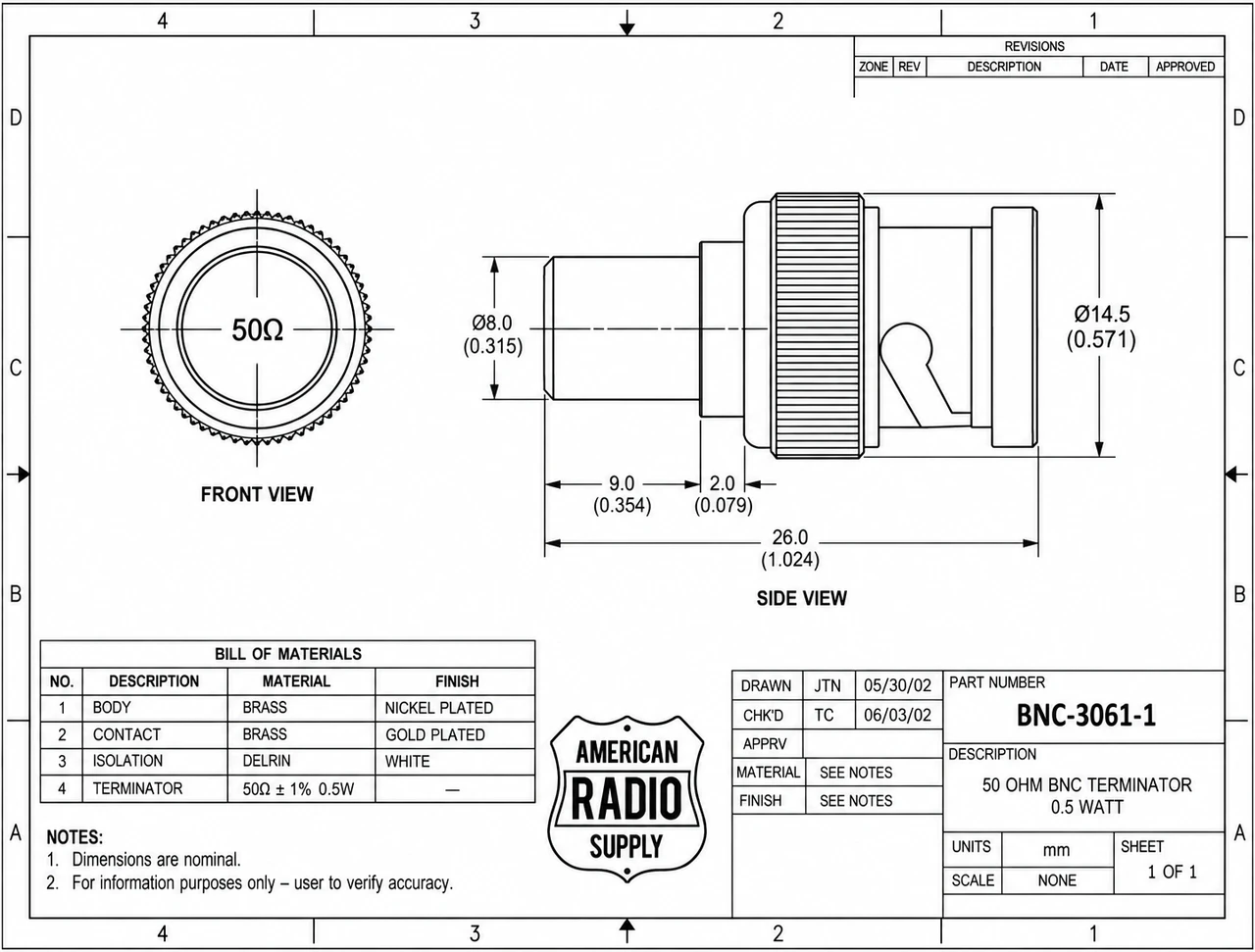 50-Ohm - BNC-Male Coaxial Termination Load ± 1% Tolerance - BNC-3061-1