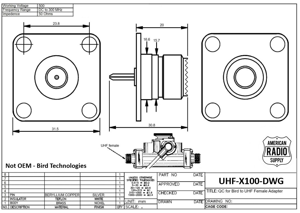 UHF-Female QC Connector for Bird 43 Wattmeter & Dummy Loads - UHF-X100