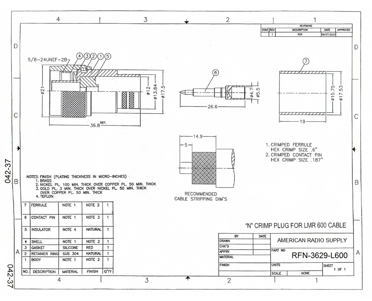 LMR600 - Type N-Male Plug Coaxial Cable Crimp Connector - RFN-3629-L600
