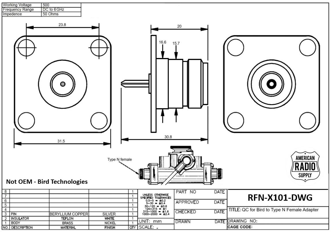 N-Female QC Connector for Bird 43 Wattmeter & Dummy Loads - RFN-X101