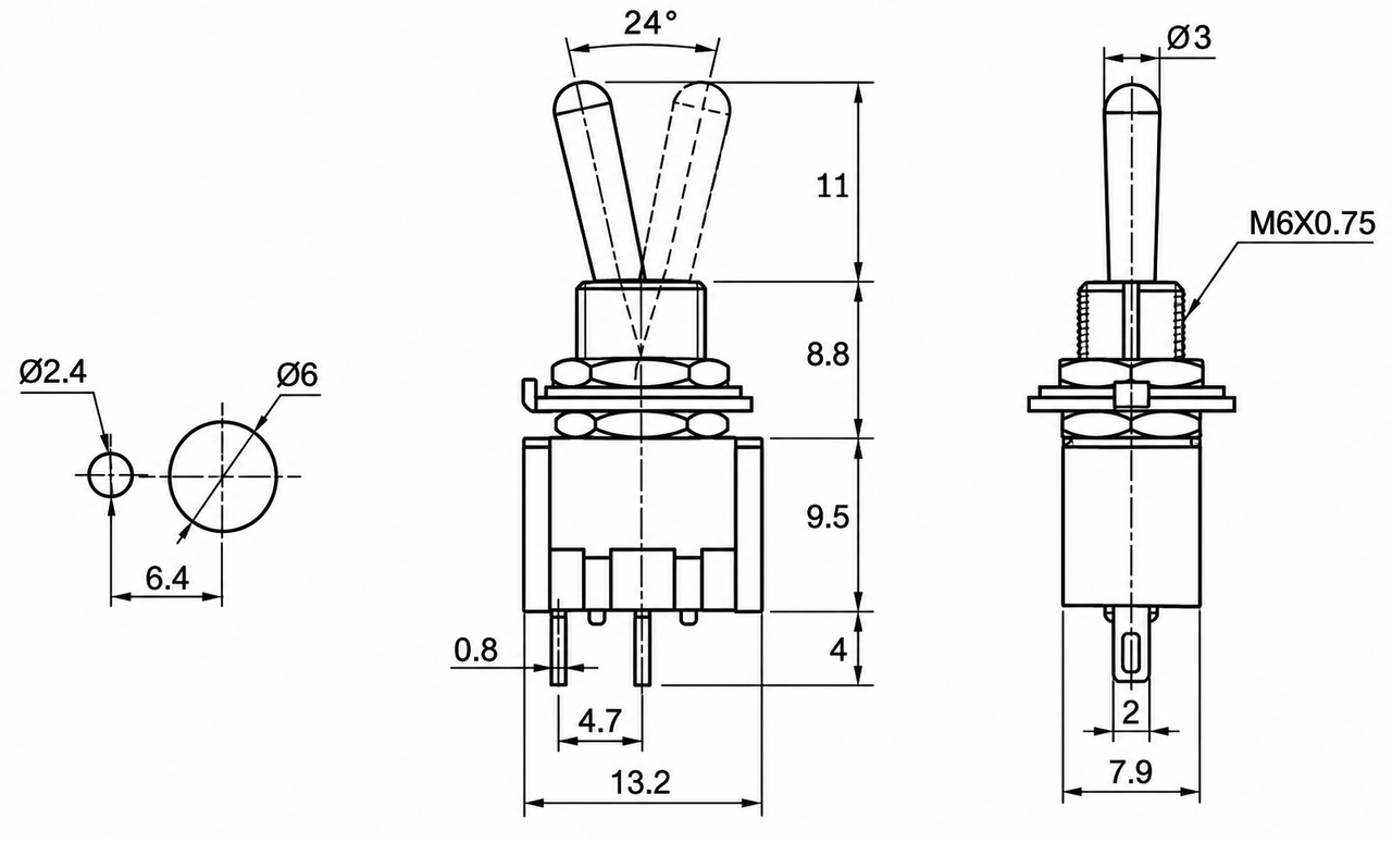 Mini On/Off SPST Toggle Switch 2P 6A 125VAC - P/N CES-66-1201
