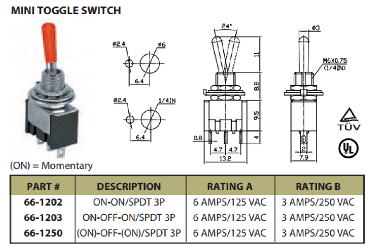 Mini On/Off/On SPDT Toggle Switch 3P 6A 125VAC - P/N CES-66-1250