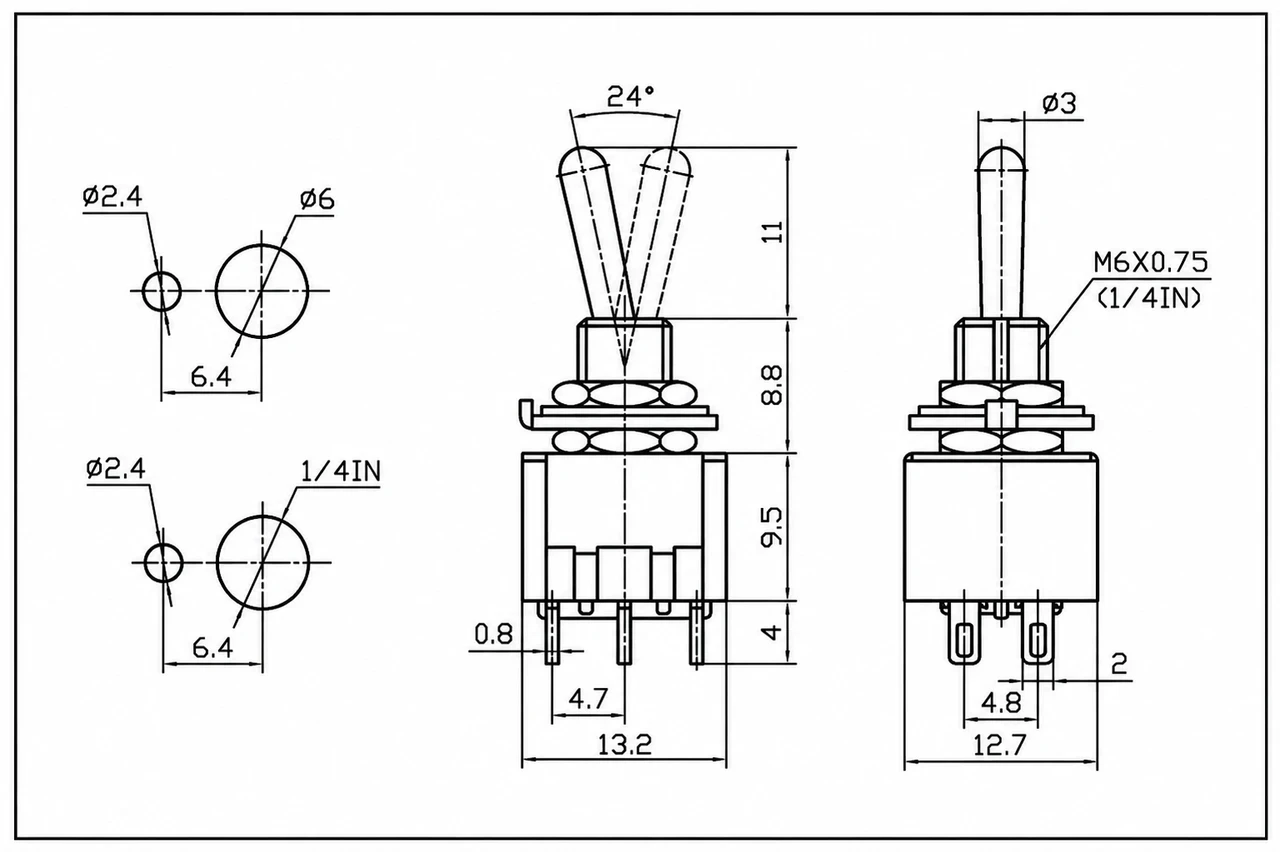 Mini Toggle Switch On/Off/On DPDT 6P 6A 125VAC - P/N CES-66-1251