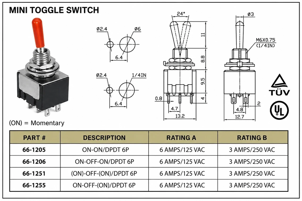 Mini Toggle Switch On/Off/On DPDT 6P 6A 125VAC - P/N CES-66-1255