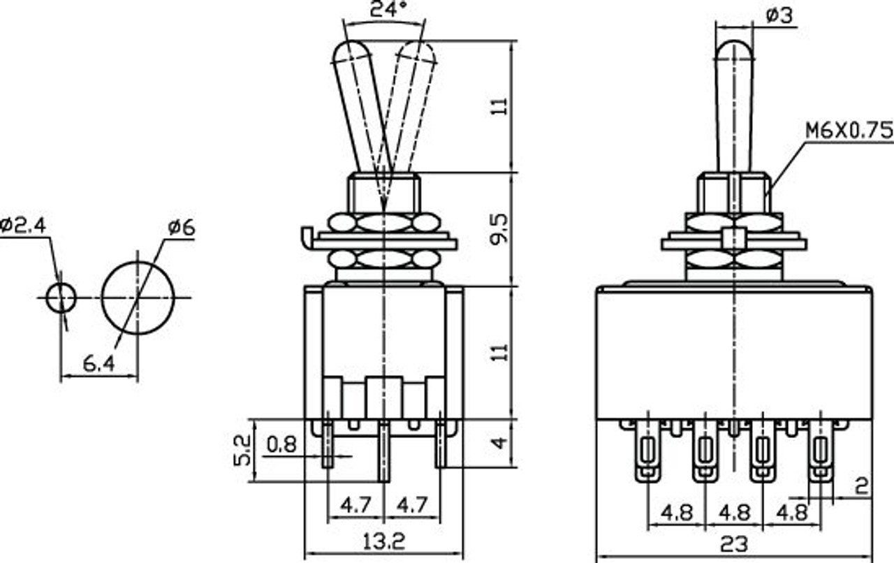 Mini Toggle Switch On/On 4PDT 12P 6A 125VAC - P/N CES-66-1220