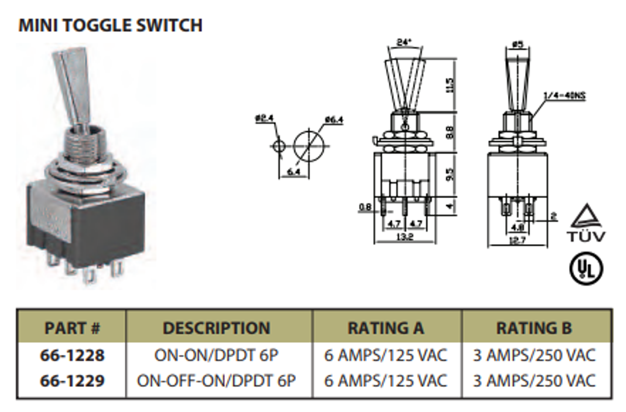 Mini Toggle Switch On/On SPDT 6P 6A 125VAC - P/N CES-66-1228