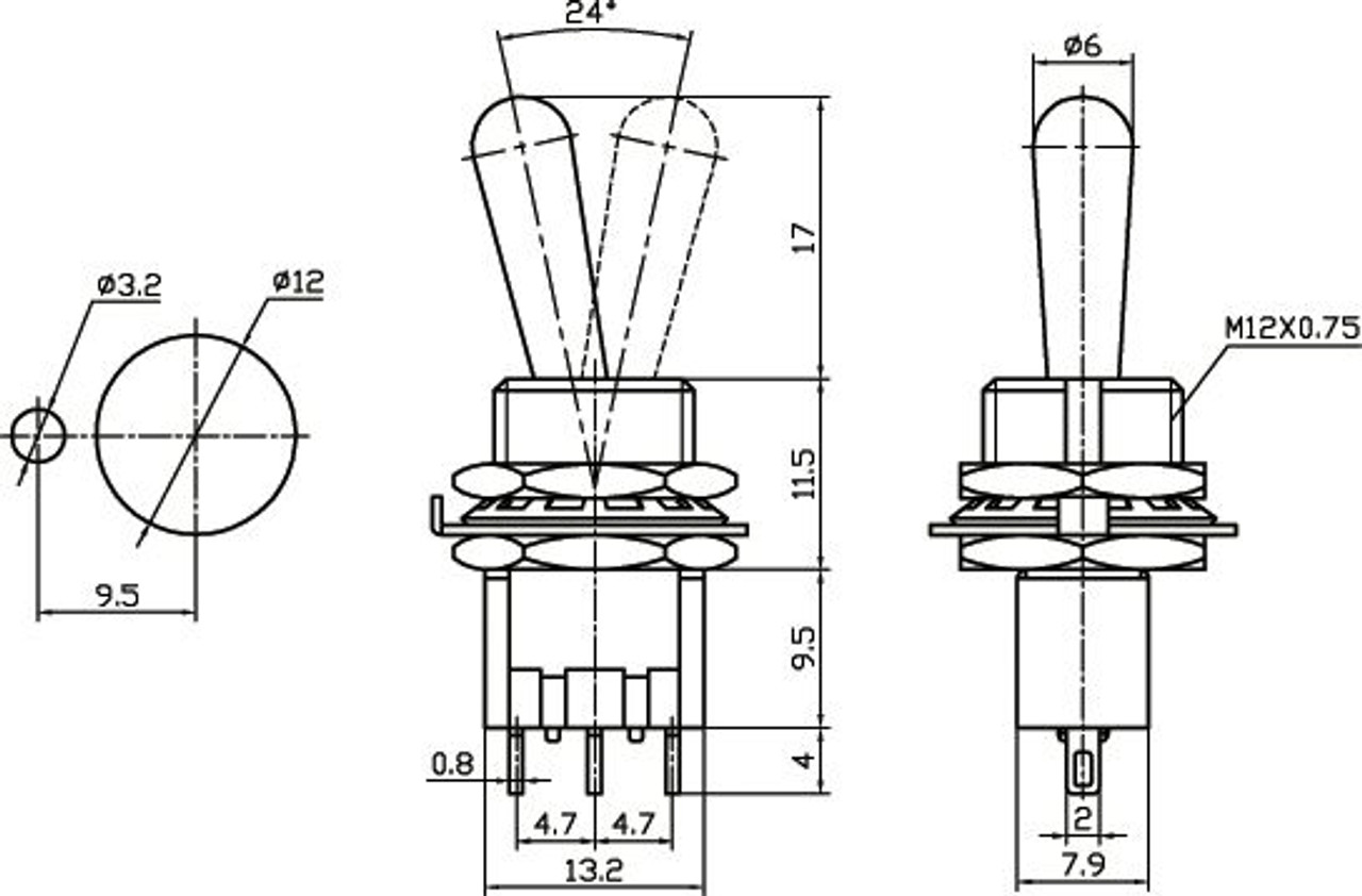 Mini Toggle Switch On/On SPDT 3P 6A 125VAC - P/N CES-66-1231