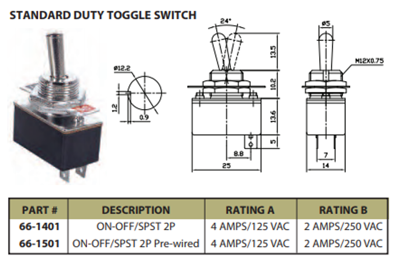 Standard Duty Toggle Switch On/Off SPST 2P Pre-Wired 4A 125VAC - P/N CES-66-1501