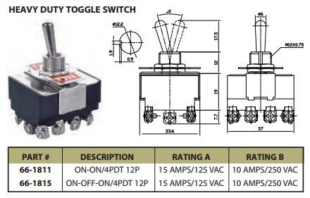 Heavy Duty Toggle Switch On/On 4PDT 12P 15A 125VAC - P/N CES-66-1811
