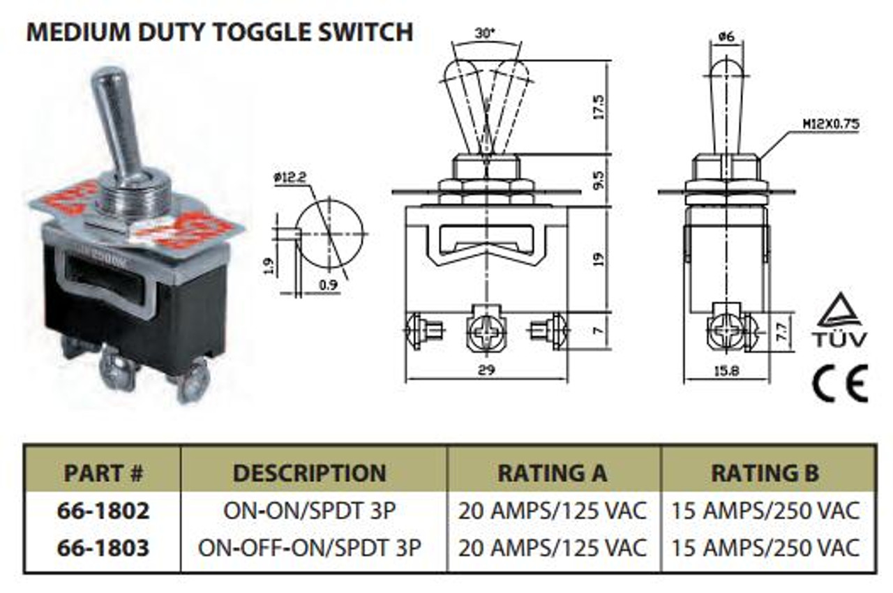 Heavy Duty Toggle Switch On/On SPDT 3P 20A 125VAC - P/N CES-66-1802