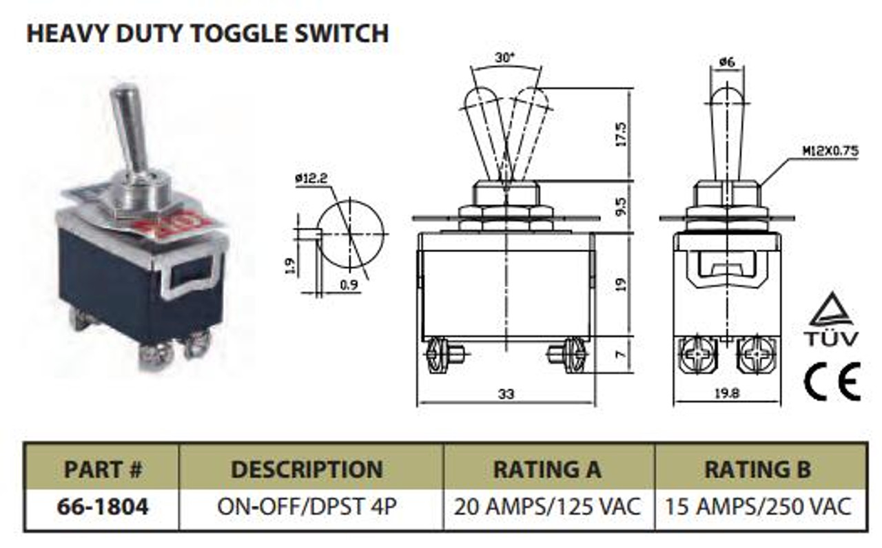 Heavy Duty Toggle Switch On/Off - SPDT 3P 20A 125VAC - P/N CES-66-1804