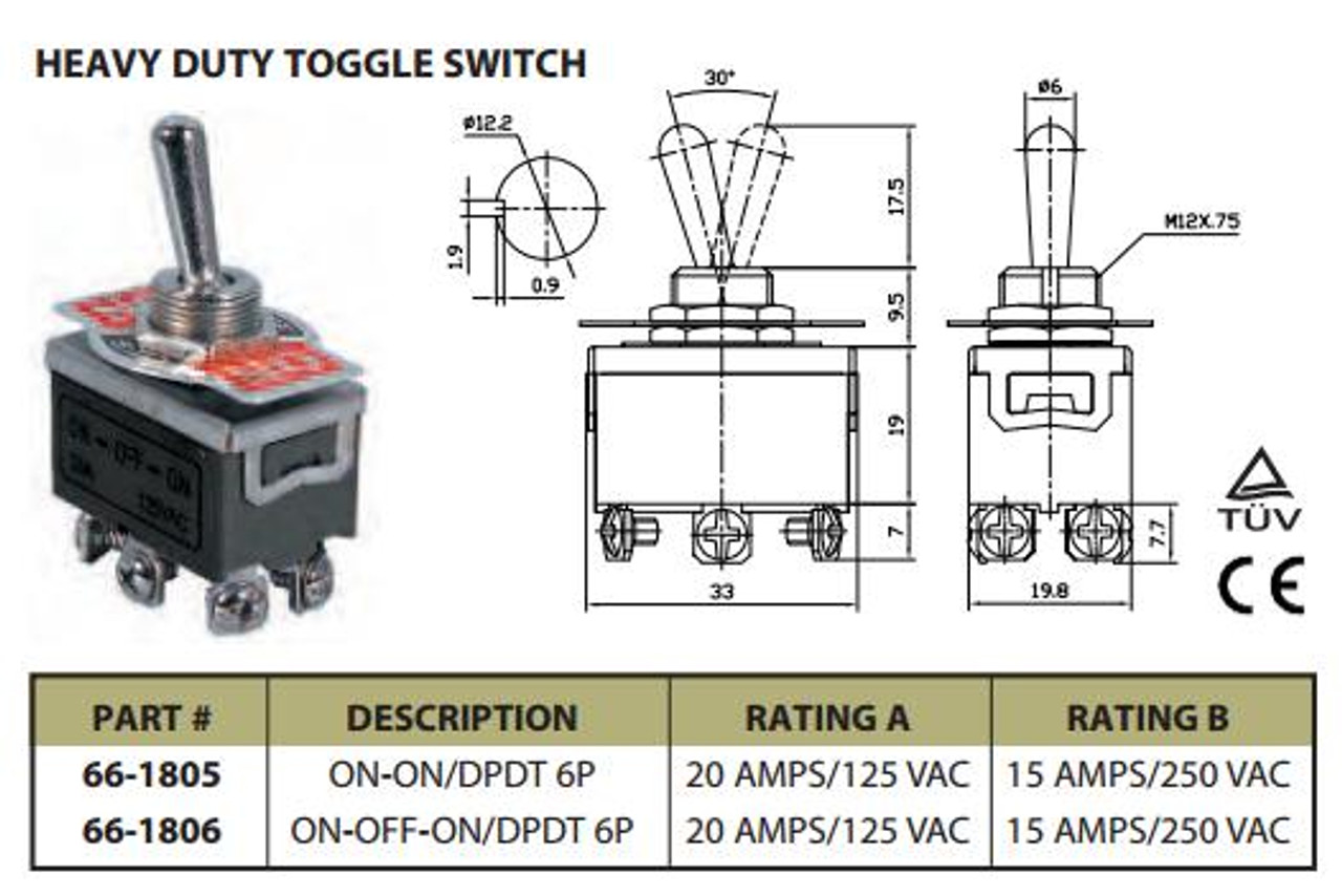 Heavy Duty Toggle Switch On/On DPDT 6P 20A 125VAC - P/N CES-66-1805