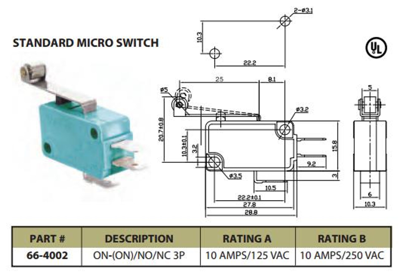 Standard Micro Switch On-(On)/NO/NC 3P 10A 125VAC - P/N CES-66-4002