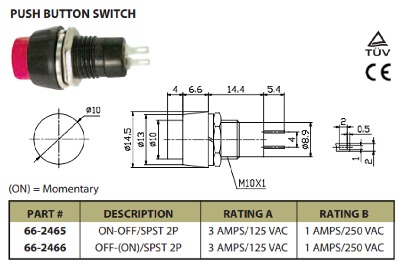 Push Button Switch On/Off SPST 2P 3A 125VAC - P/N CES-66-2465