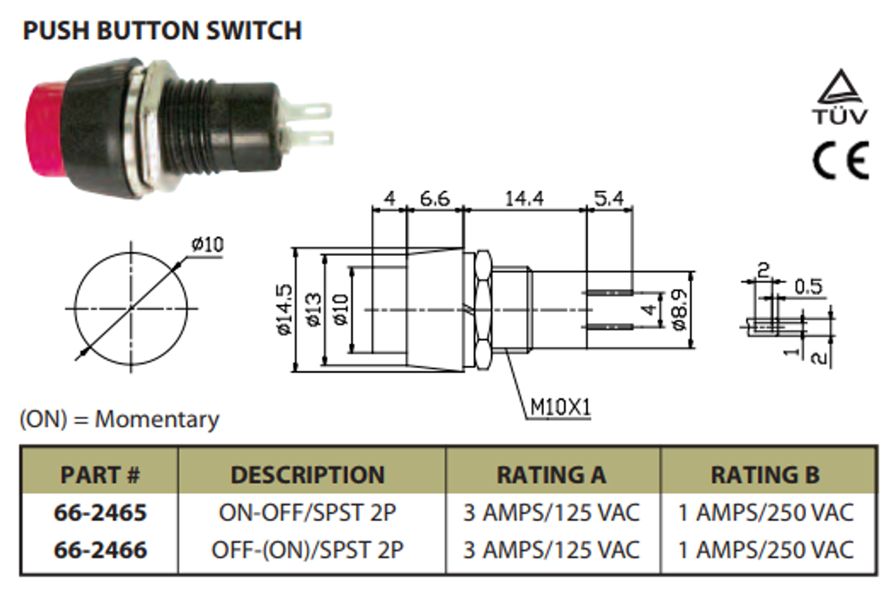 Push Button Switch On/Off SPST 2P 3A 125VAC Momentary (NO) - CES-66-2466