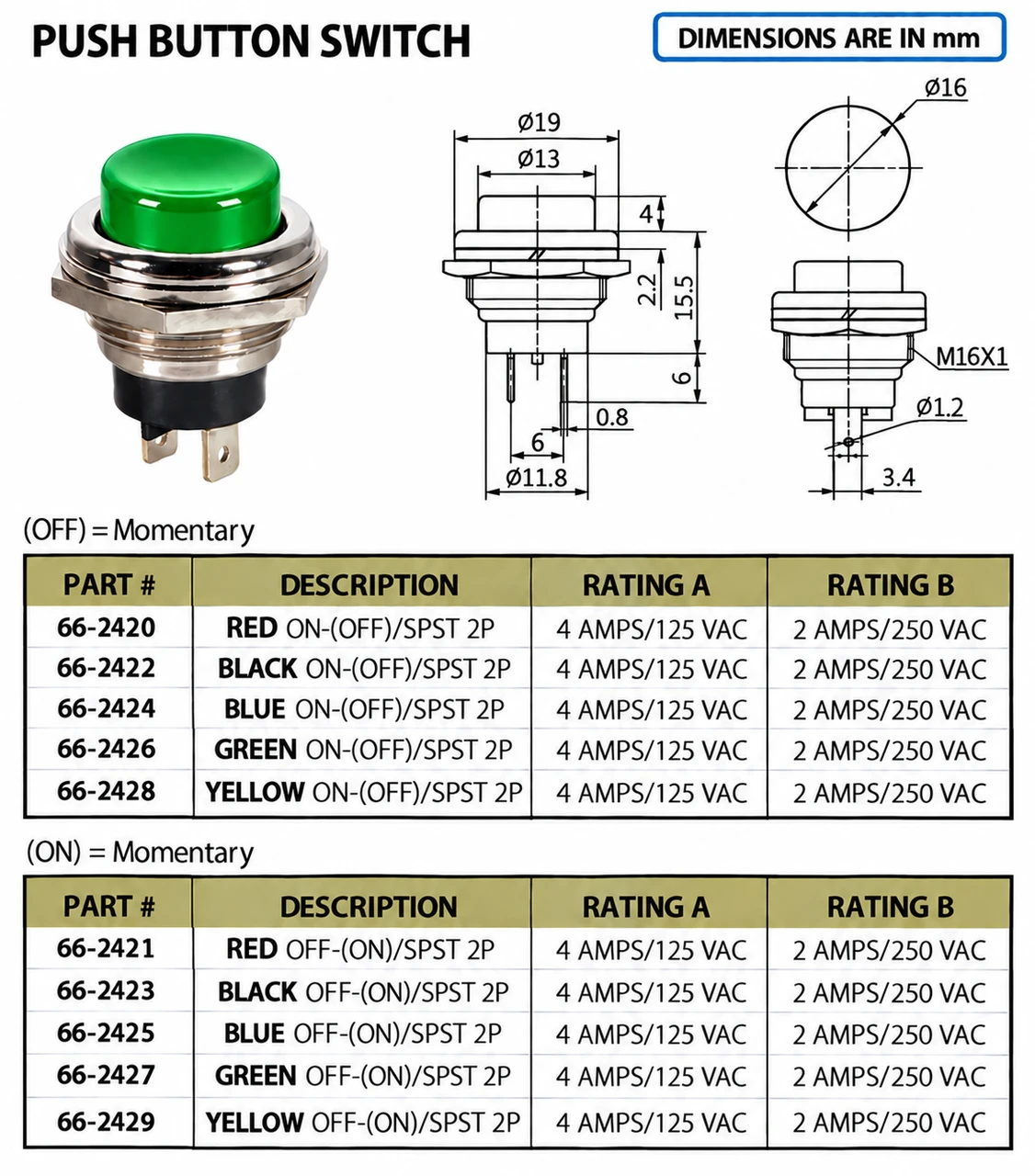 GREEN - Push Button Switch On/Off SPST 2P 4A 125VAC - P/N CES-66-2426