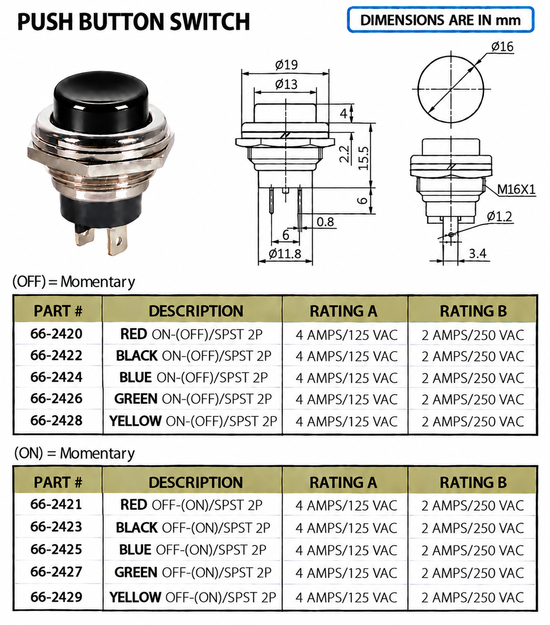 BLACK - Push Button Switch On/Off SPST 2P 4A 125VAC - P/N CES-66-2423
