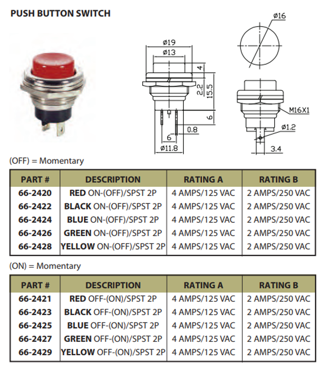 YELLOW - Push Button Switch On/Off SPST 2P 4A 125VAC - P/N CES-66-2429