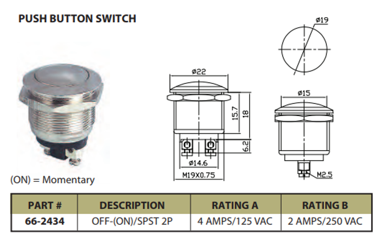 Push Button Switch Off/On SPST 2P 4A 125VAC - P/N CES-66-2434