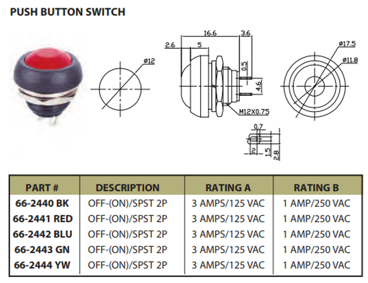 BLACK - Push Button Switch Off/On SPST 2P 3A 125VAC - CES-66-2440