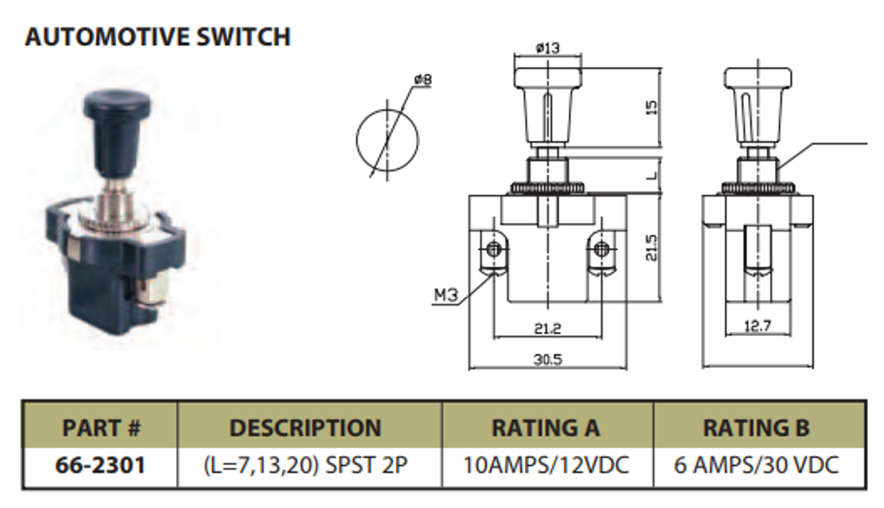 Pull Switch Automotive 10A/12VDC - P/N CES-66-2301