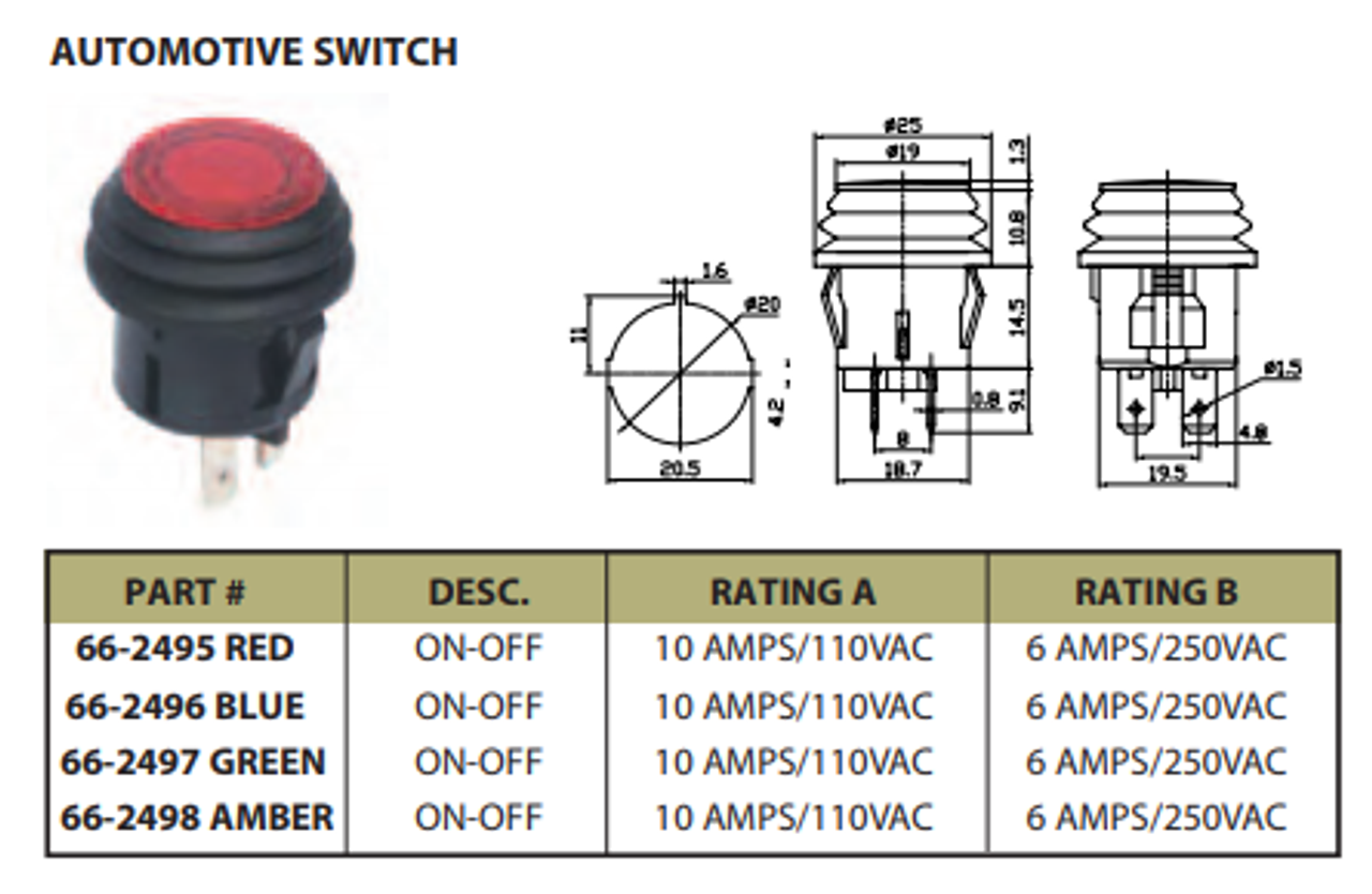 AMBER - Push Button Automotive Switch On/Off 10A/12VDC - CES-66-2498